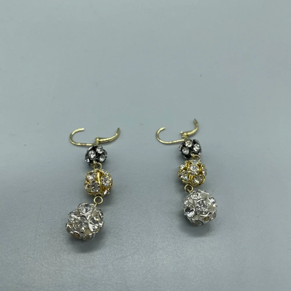 Gold Silver Black Rhinestone Disco Ball‎ Triple Drop Leverback Earrings Women